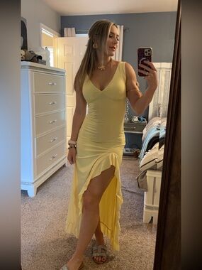 Yellow Sleeveless V-Neck Ruffle High-Slit Maxi Dress
